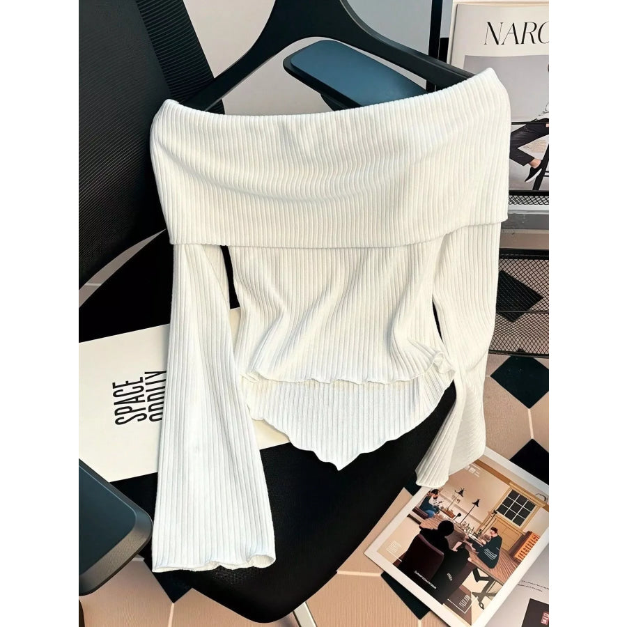 Off-Shoulder Bowknot Ribbed Knit T-Shirt Apparel and Accessories