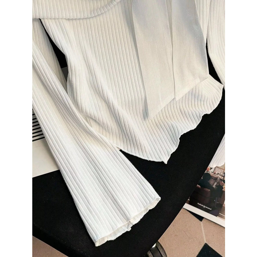 Off-Shoulder Bowknot Ribbed Knit T-Shirt Apparel and Accessories