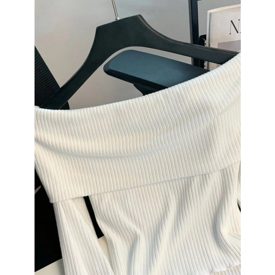 Off-Shoulder Bowknot Ribbed Knit T-Shirt Apparel and Accessories