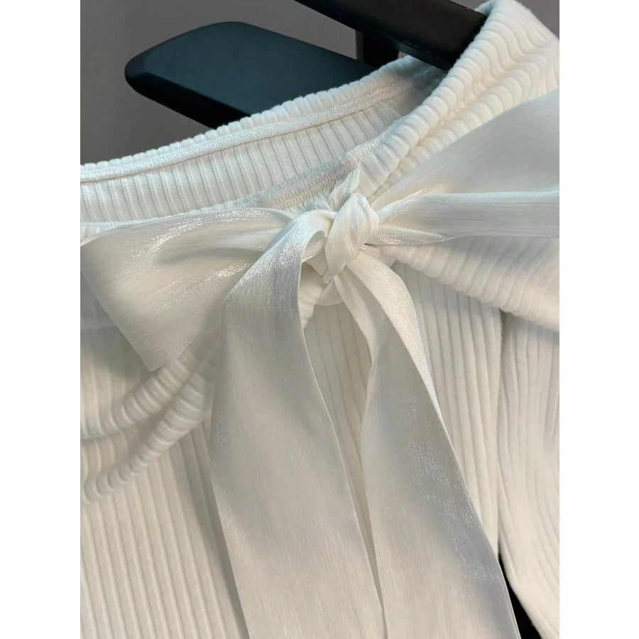 Off-Shoulder Bowknot Ribbed Knit T-Shirt Apparel and Accessories