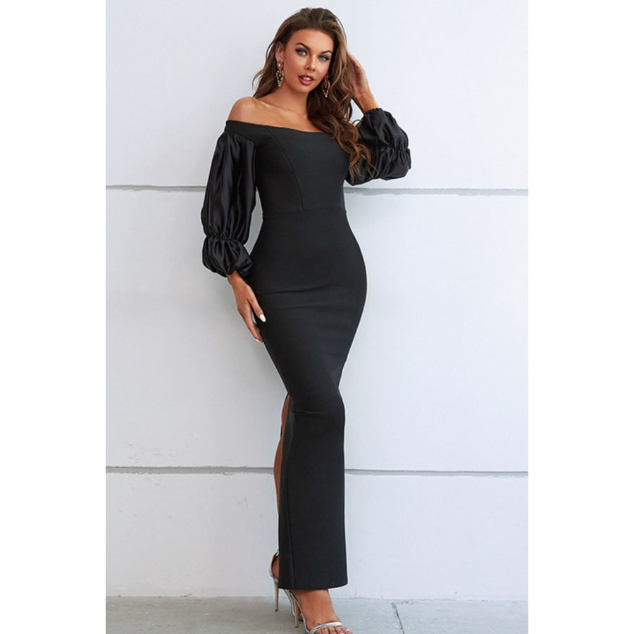 Off-Shoulder Bubble Sleeve Slit Dress Black / S