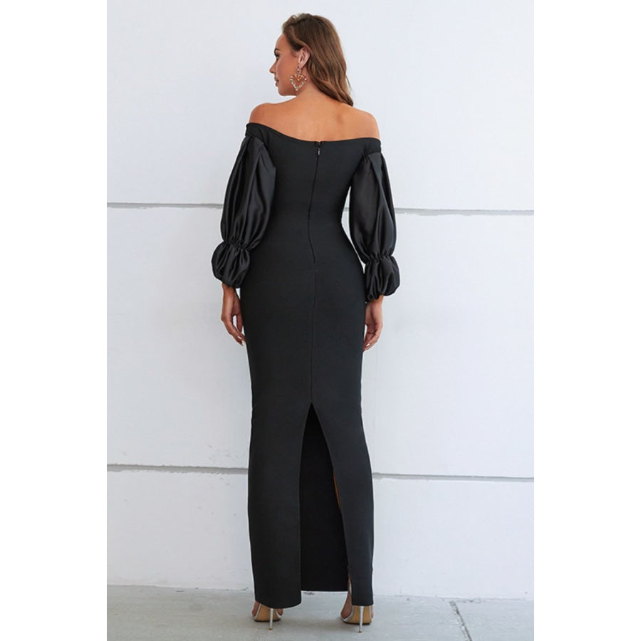 Off-Shoulder Bubble Sleeve Slit Dress Black / S