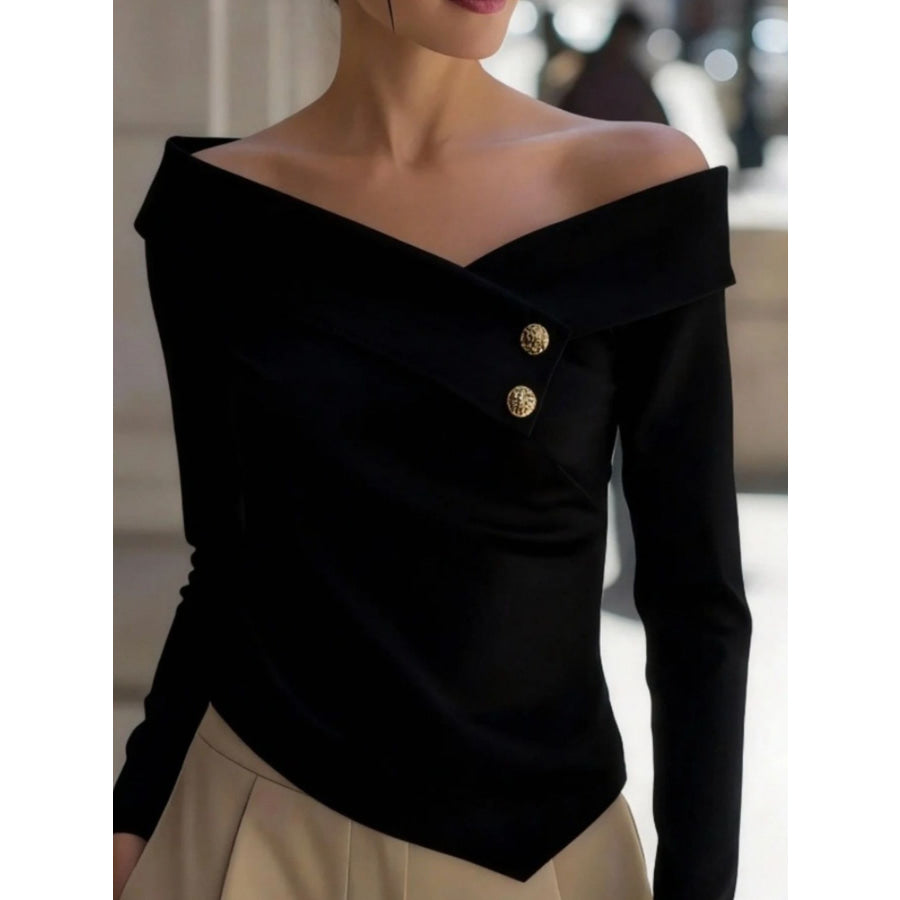 Off-Shoulder Button Decor Blouse Black / S Apparel and Accessories