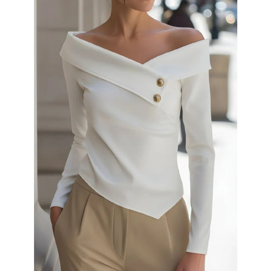 Off-Shoulder Button Decor Blouse White / S Apparel and Accessories