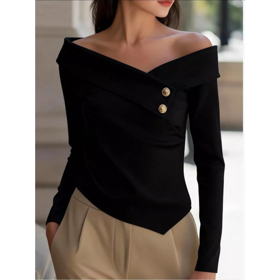 Off-Shoulder Button Detail Blouse Black / S Apparel and Accessories