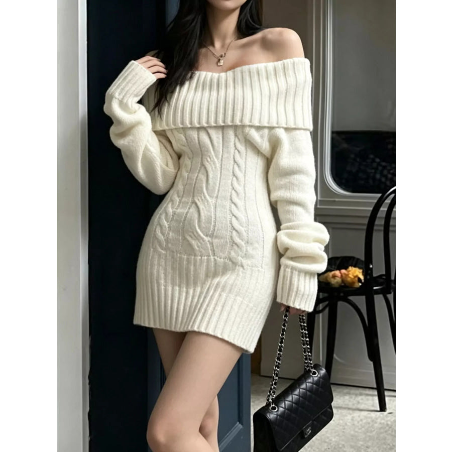 Off-Shoulder Cable Knit Sweater Dress White / S Apparel and Accessories