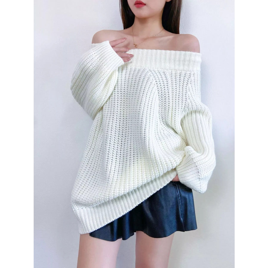Off-Shoulder Chunky Knit Sweater White / S Apparel and Accessories