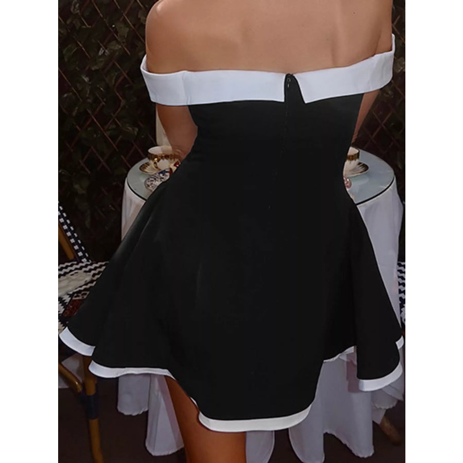 Off-Shoulder Contrast Trim Mini Dress Apparel and Accessories