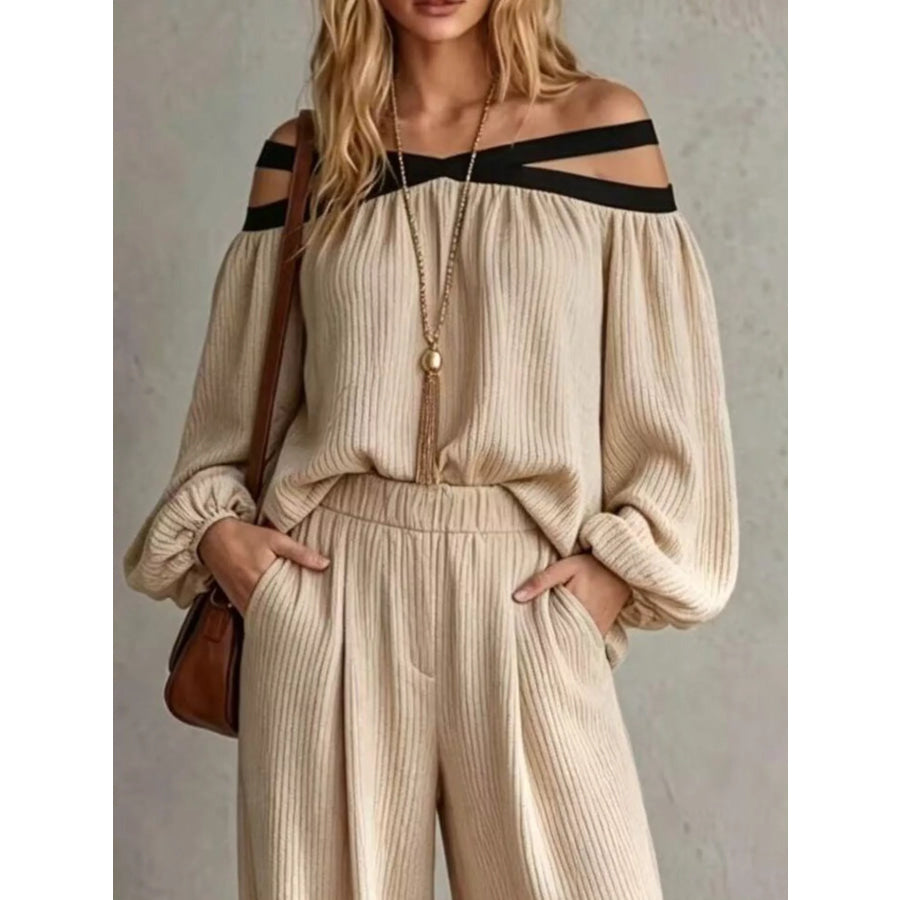 Off-Shoulder Crisscross Cutout Ribbed Knit Top and Wide-Leg Pants Set Beige / S