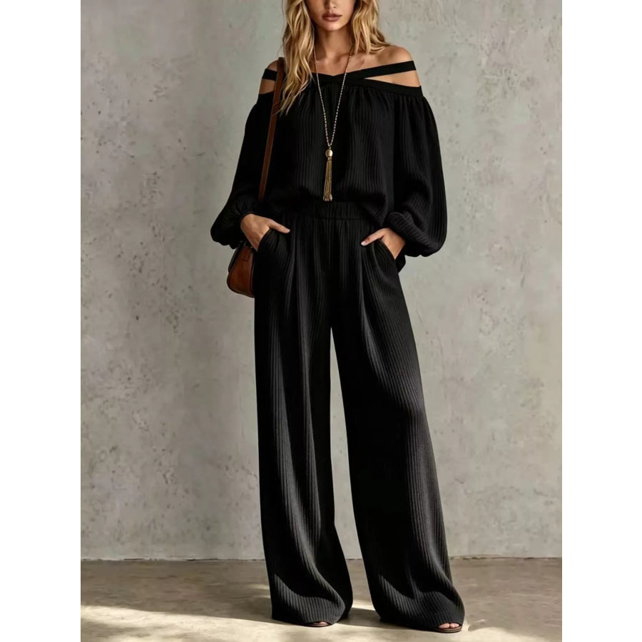 Off-Shoulder Crisscross Cutout Ribbed Knit Top and Wide-Leg Pants Set Black / S
