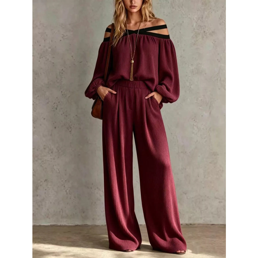 Off-Shoulder Crisscross Cutout Ribbed Knit Top and Wide-Leg Pants Set Burgundy / S