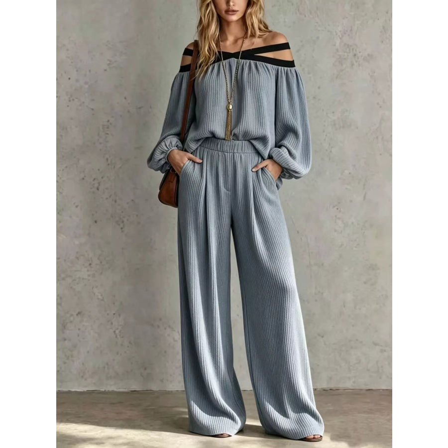 Off-Shoulder Crisscross Cutout Ribbed Knit Top and Wide-Leg Pants Set Dusty Blue / S
