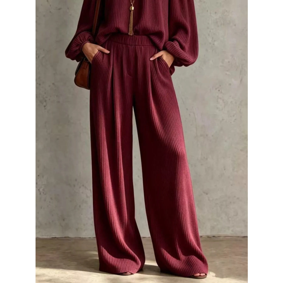Off-Shoulder Crisscross Cutout Ribbed Knit Top and Wide-Leg Pants Set