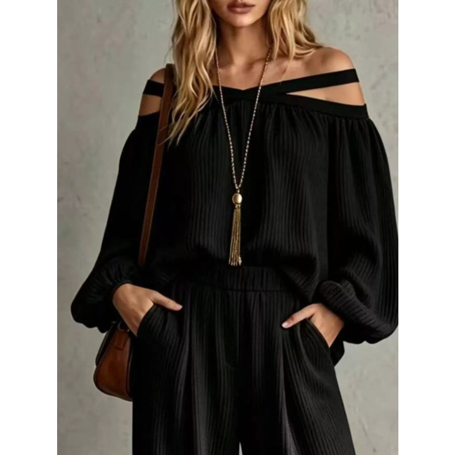 Off-Shoulder Crisscross Cutout Ribbed Knit Top and Wide-Leg Pants Set