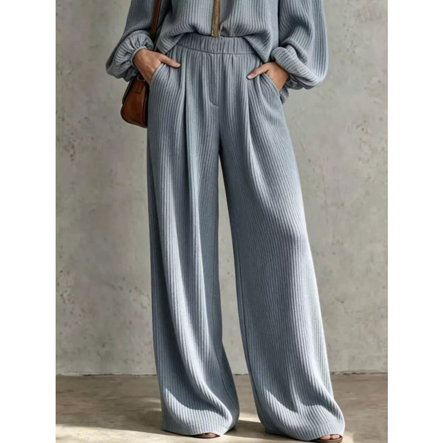 Off-Shoulder Crisscross Cutout Ribbed Knit Top and Wide-Leg Pants Set
