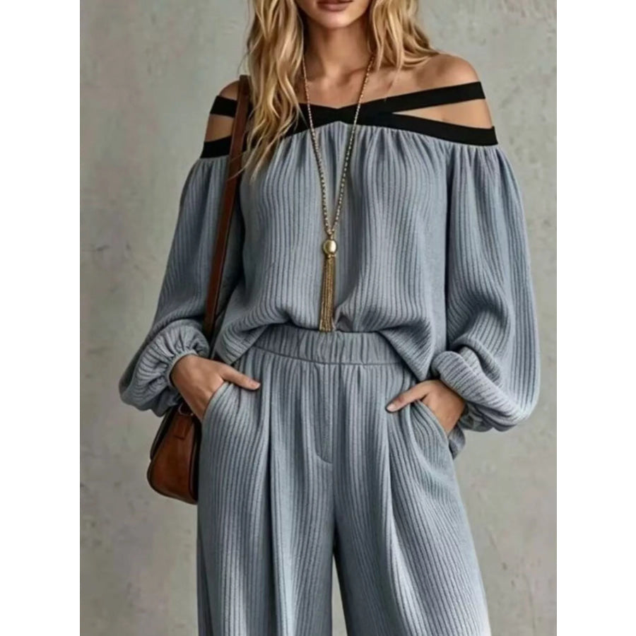 Off-Shoulder Crisscross Cutout Ribbed Knit Top and Wide-Leg Pants Set