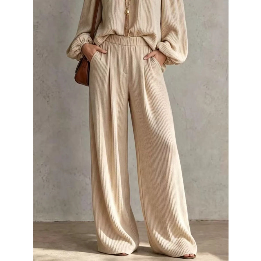 Off-Shoulder Crisscross Cutout Ribbed Knit Top and Wide-Leg Pants Set