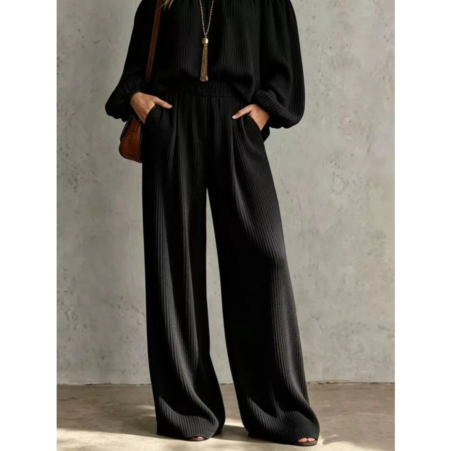 Off-Shoulder Crisscross Cutout Ribbed Knit Top and Wide-Leg Pants Set