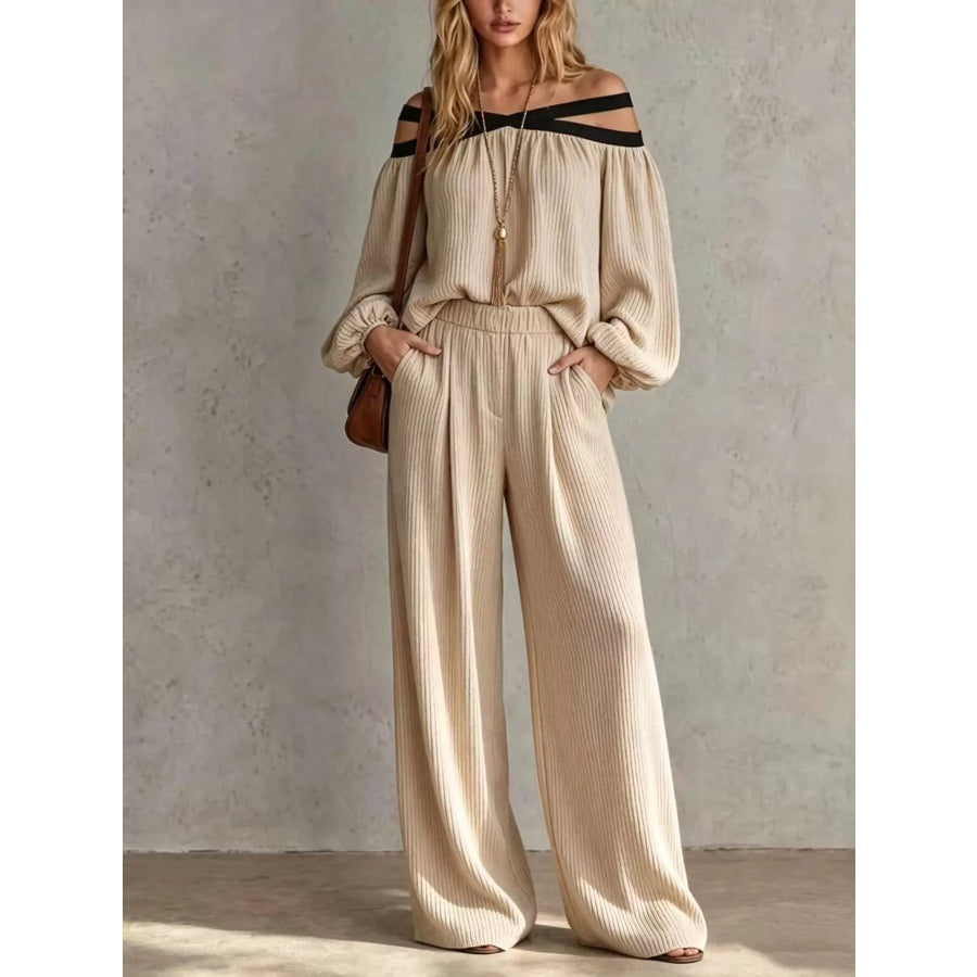 Off-Shoulder Crisscross Cutout Ribbed Knit Top and Wide-Leg Pants Set
