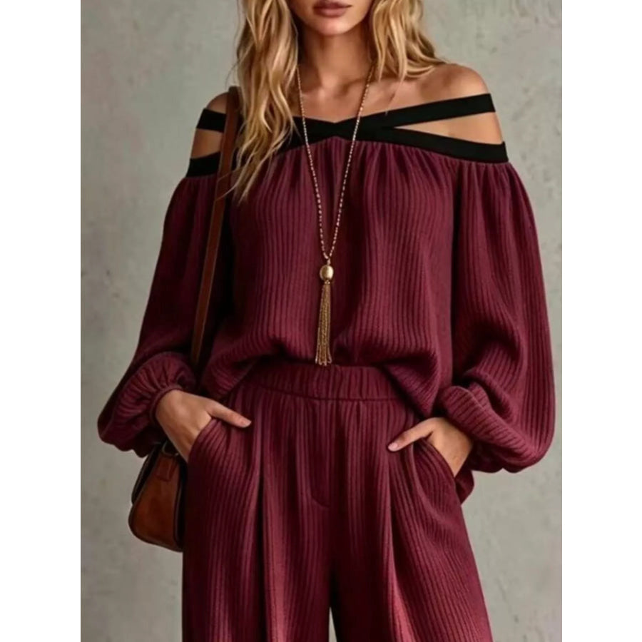 Off-Shoulder Crisscross Cutout Ribbed Knit Top and Wide-Leg Pants Set