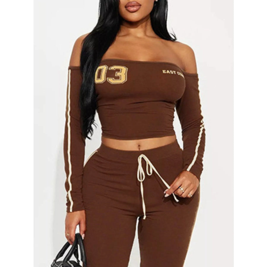 Off-Shoulder Crop Top and Flare Pant Lounge Set Apparel and Accessories