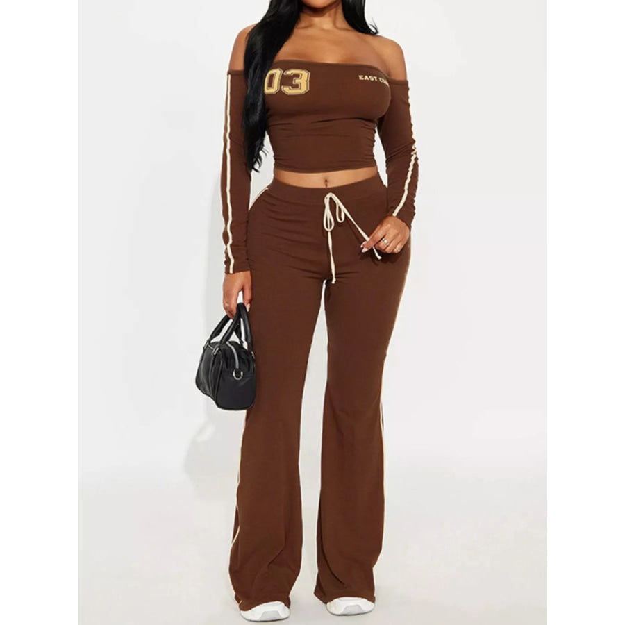 Off-Shoulder Crop Top and Flare Pant Lounge Set Dark Brown / S Apparel and Accessories