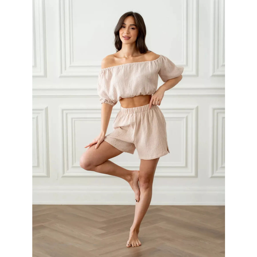 Off-Shoulder Cropped Top and Shorts Set Apparel and Accessories