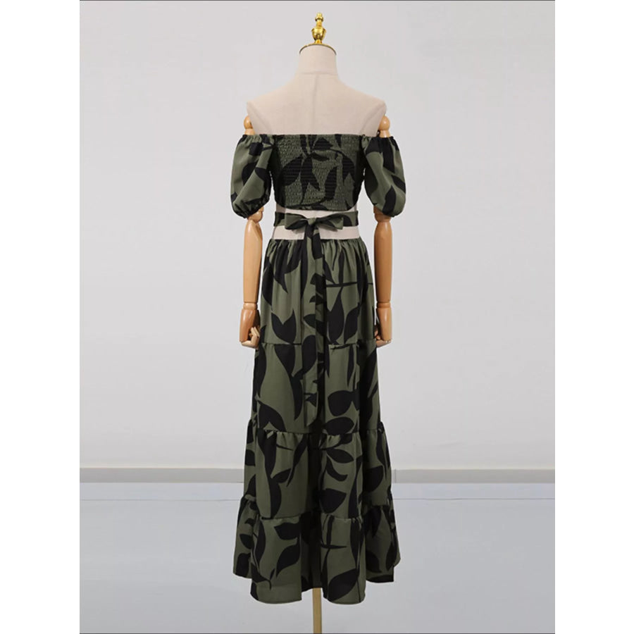 Off-Shoulder Cutout Leaf Print Maxi Dress Apparel and Accessories