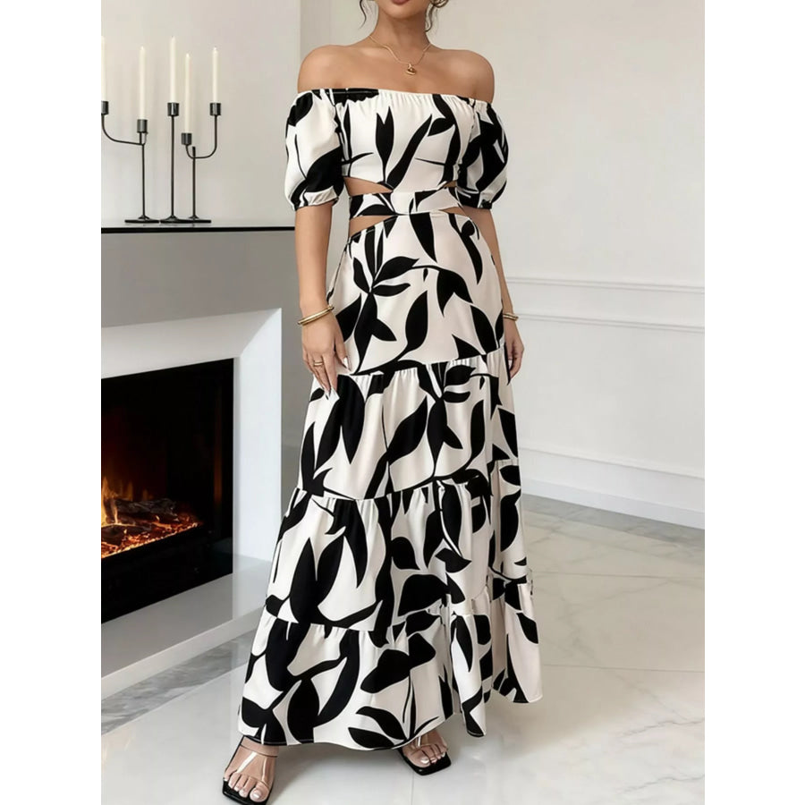 Off-Shoulder Cutout Leaf Print Maxi Dress Apricot / S Apparel and Accessories