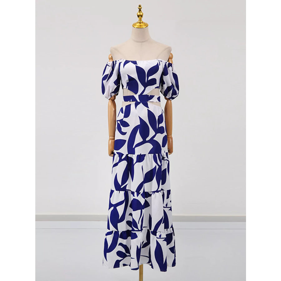 Off-Shoulder Cutout Leaf Print Maxi Dress Blue / S Apparel and Accessories