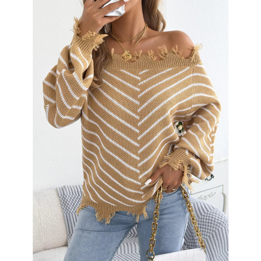 Off-Shoulder Distressed Striped Sweater Apparel and Accessories