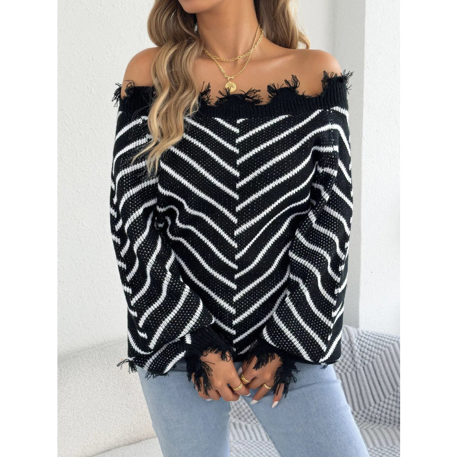 Off-Shoulder Distressed Striped Sweater Apparel and Accessories