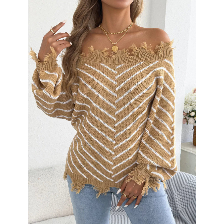 Off-Shoulder Distressed Striped Sweater Apparel and Accessories