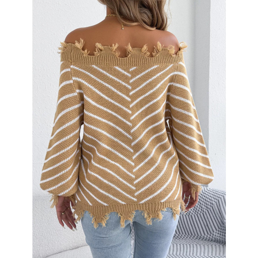 Off-Shoulder Distressed Striped Sweater Apparel and Accessories