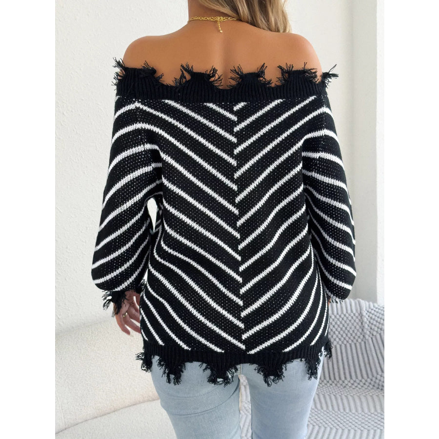 Off-Shoulder Distressed Striped Sweater Apparel and Accessories