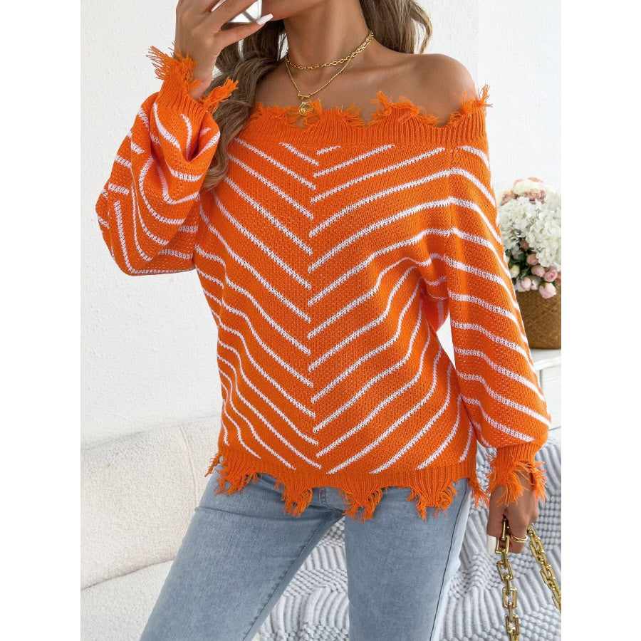 Off-Shoulder Distressed Striped Sweater Apparel and Accessories