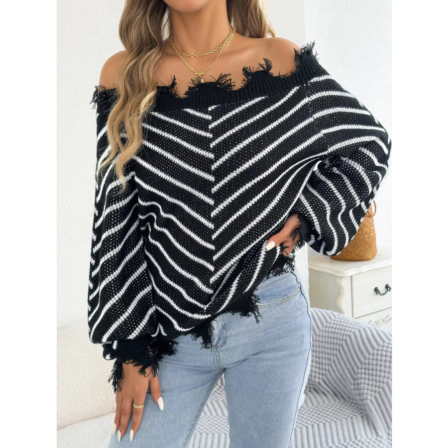 Off-Shoulder Distressed Striped Sweater Apparel and Accessories