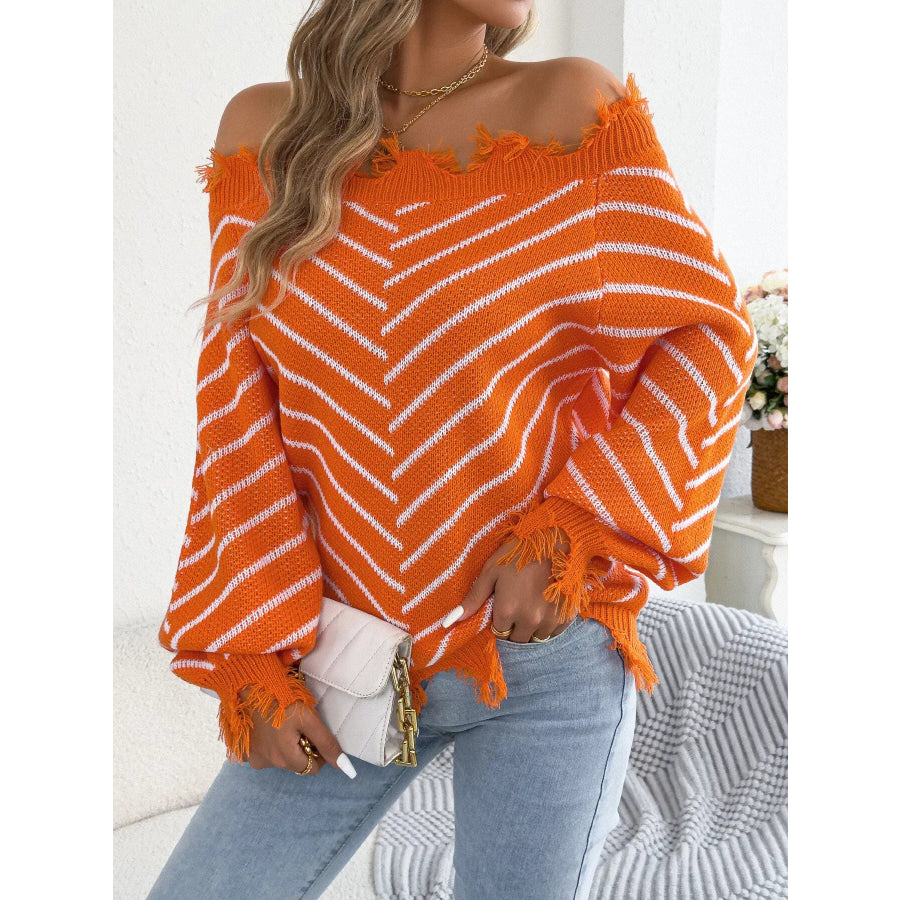 Off-Shoulder Distressed Striped Sweater Apparel and Accessories