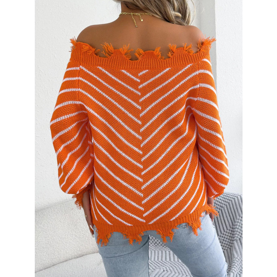 Off-Shoulder Distressed Striped Sweater Apparel and Accessories