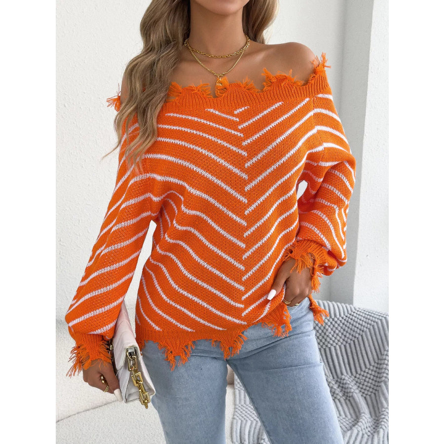 Off-Shoulder Distressed Striped Sweater Apparel and Accessories