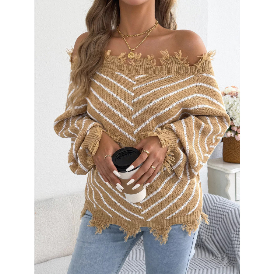 Off-Shoulder Distressed Striped Sweater Apparel and Accessories