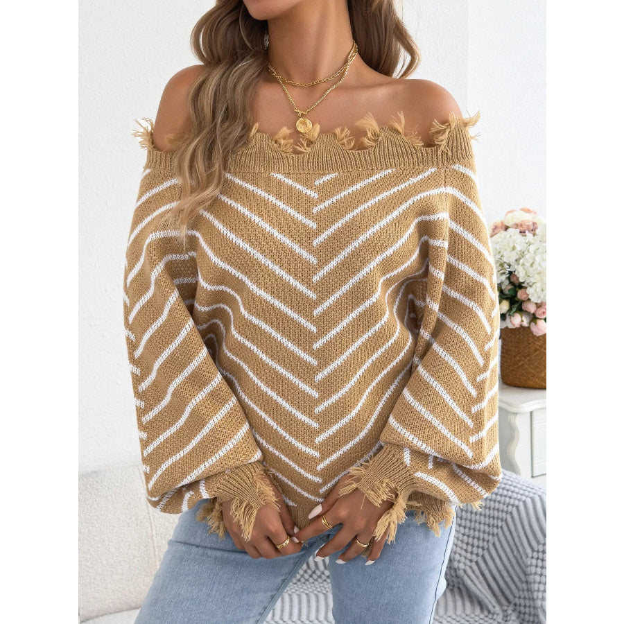 Off-Shoulder Distressed Striped Sweater Apparel and Accessories