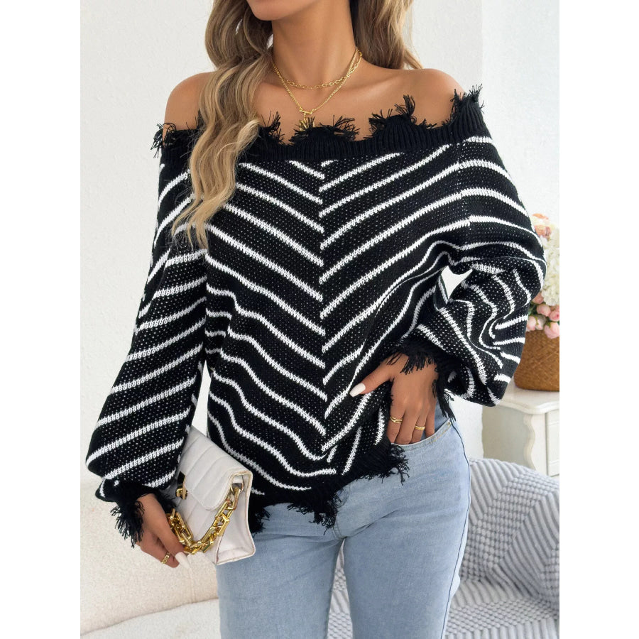 Off-Shoulder Distressed Striped Sweater Apparel and Accessories