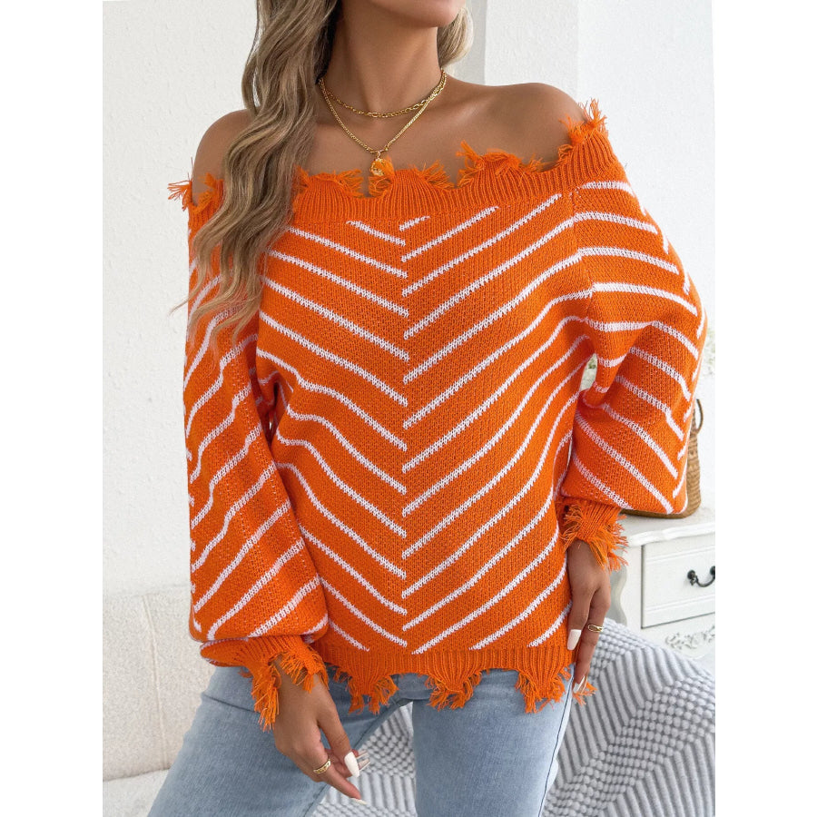 Off-Shoulder Distressed Striped Sweater Apparel and Accessories