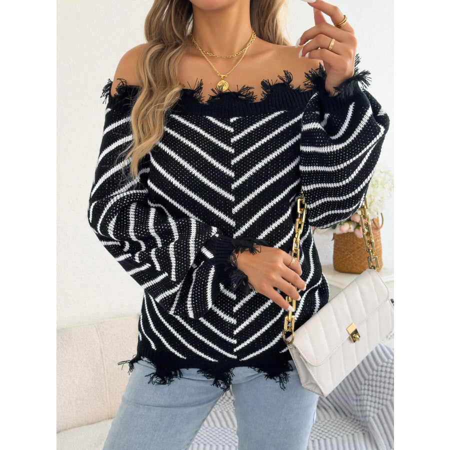 Off-Shoulder Distressed Striped Sweater Apparel and Accessories