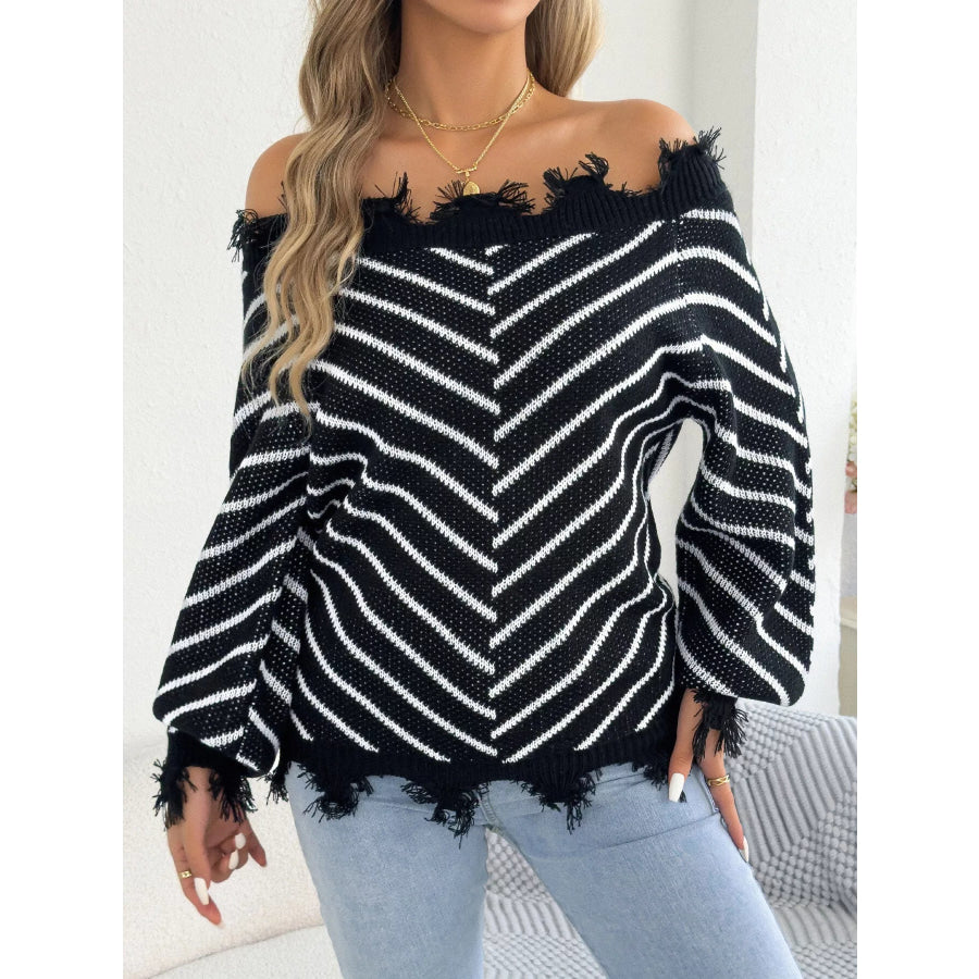Off-Shoulder Distressed Striped Sweater Black / S Apparel and Accessories