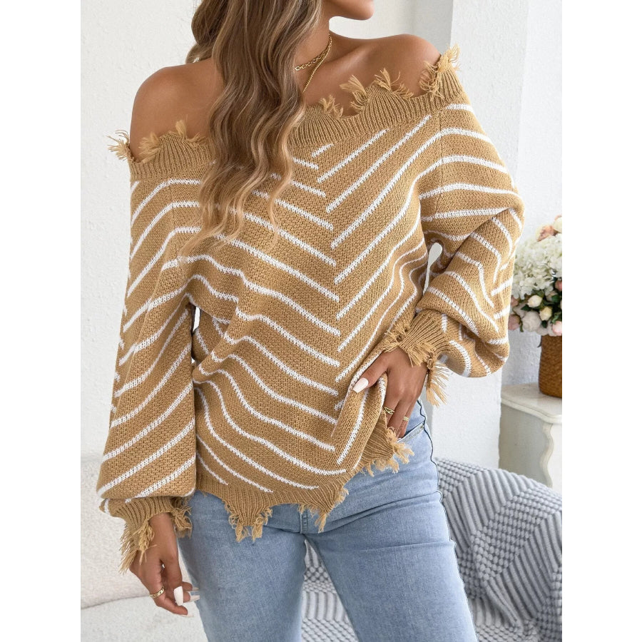 Off-Shoulder Distressed Striped Sweater Khaki / S Apparel and Accessories