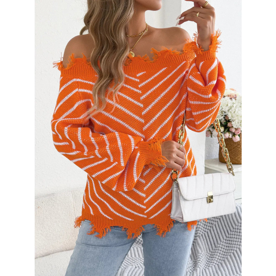 Off-Shoulder Distressed Striped Sweater Orange / S Apparel and Accessories