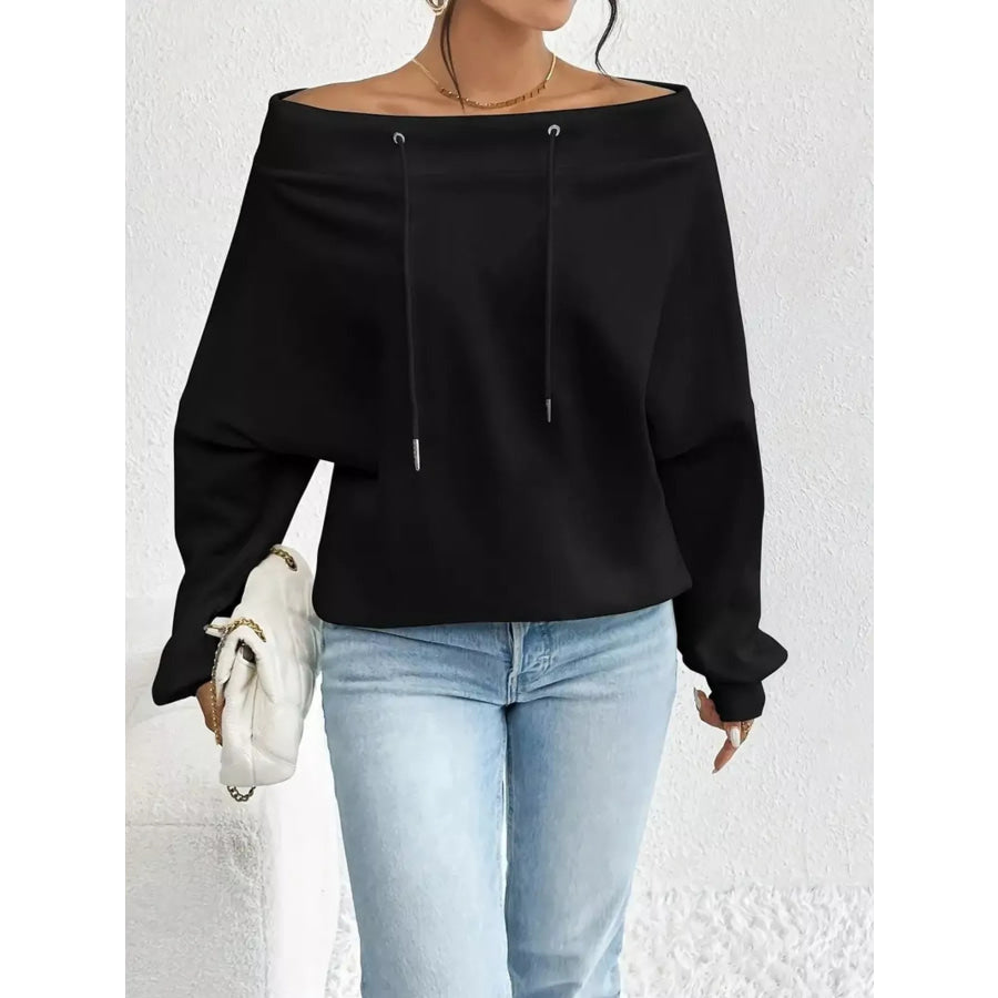 Off-Shoulder Drawstring Sweatshirt Black / S Apparel and Accessories