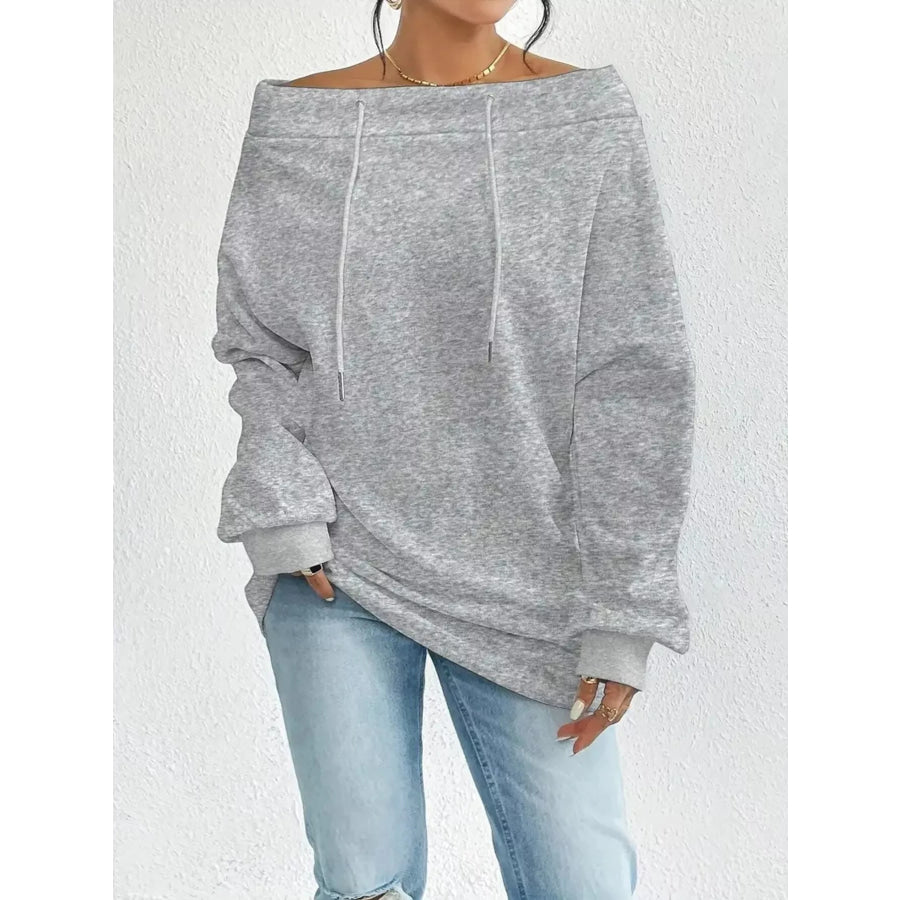 Off-Shoulder Drawstring Sweatshirt Gray / S Apparel and Accessories